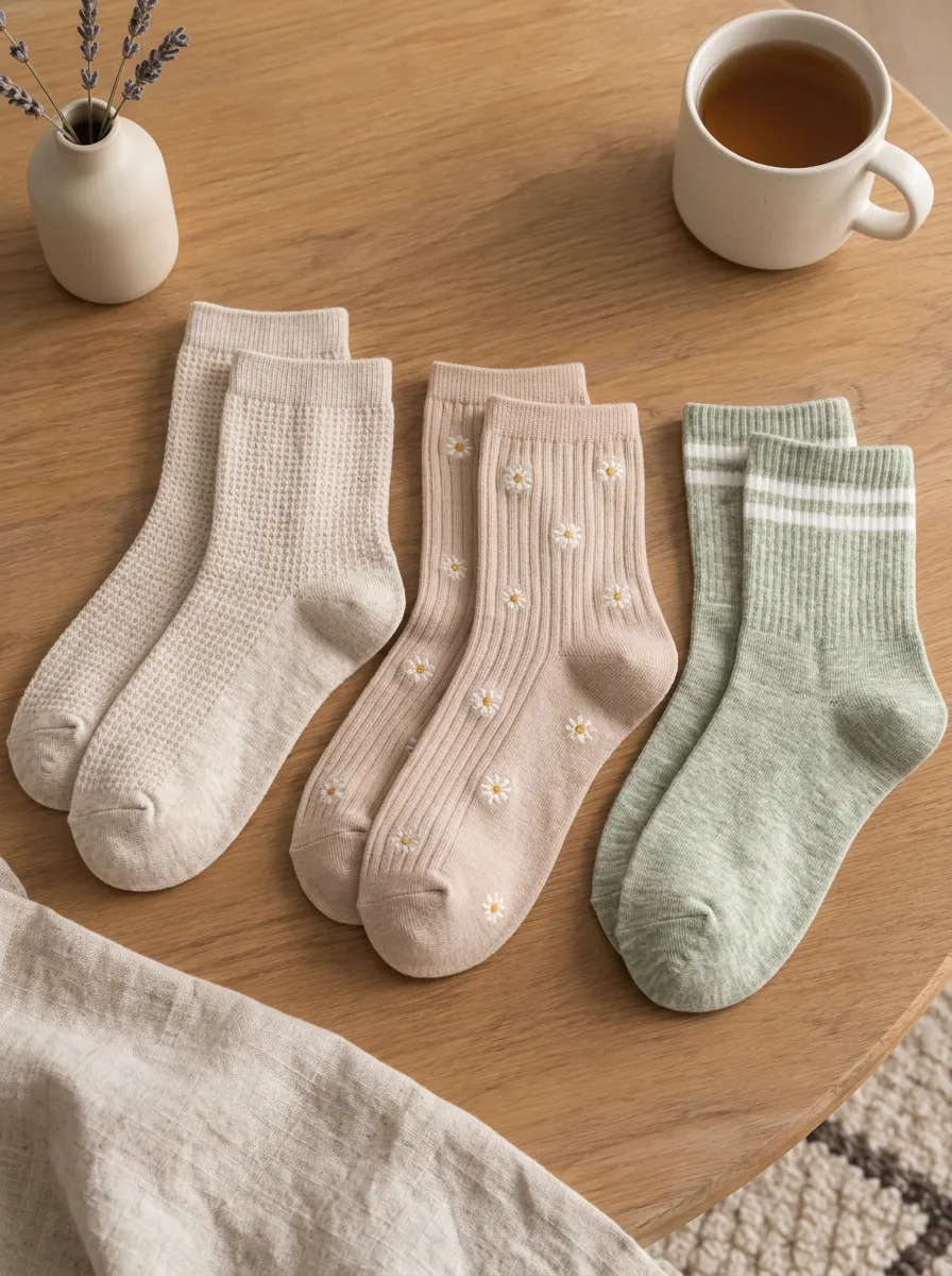Women's Floral Daisy Waffle Knit Striped Printed Socks Set
