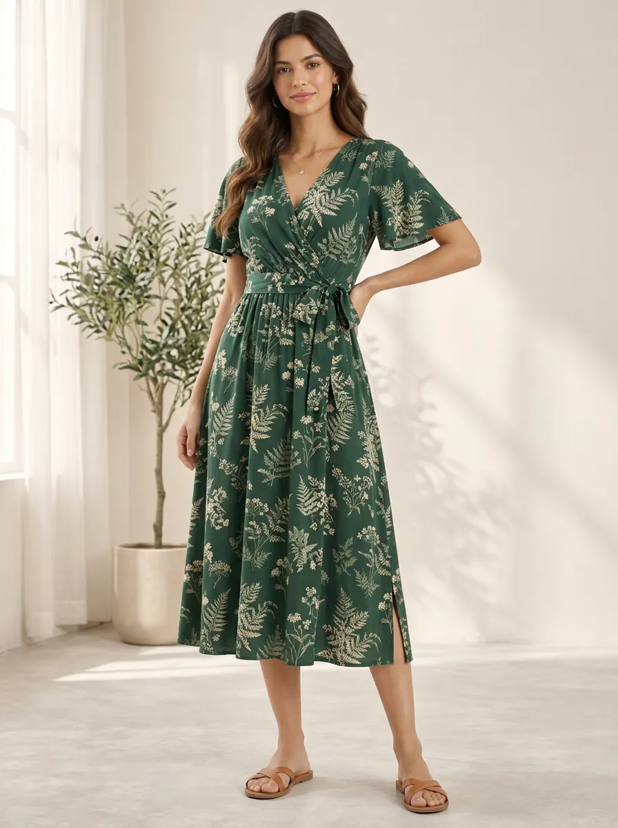 Women's Creative Pattern Botanical Floral Fern Wrap Printed Midi Dress