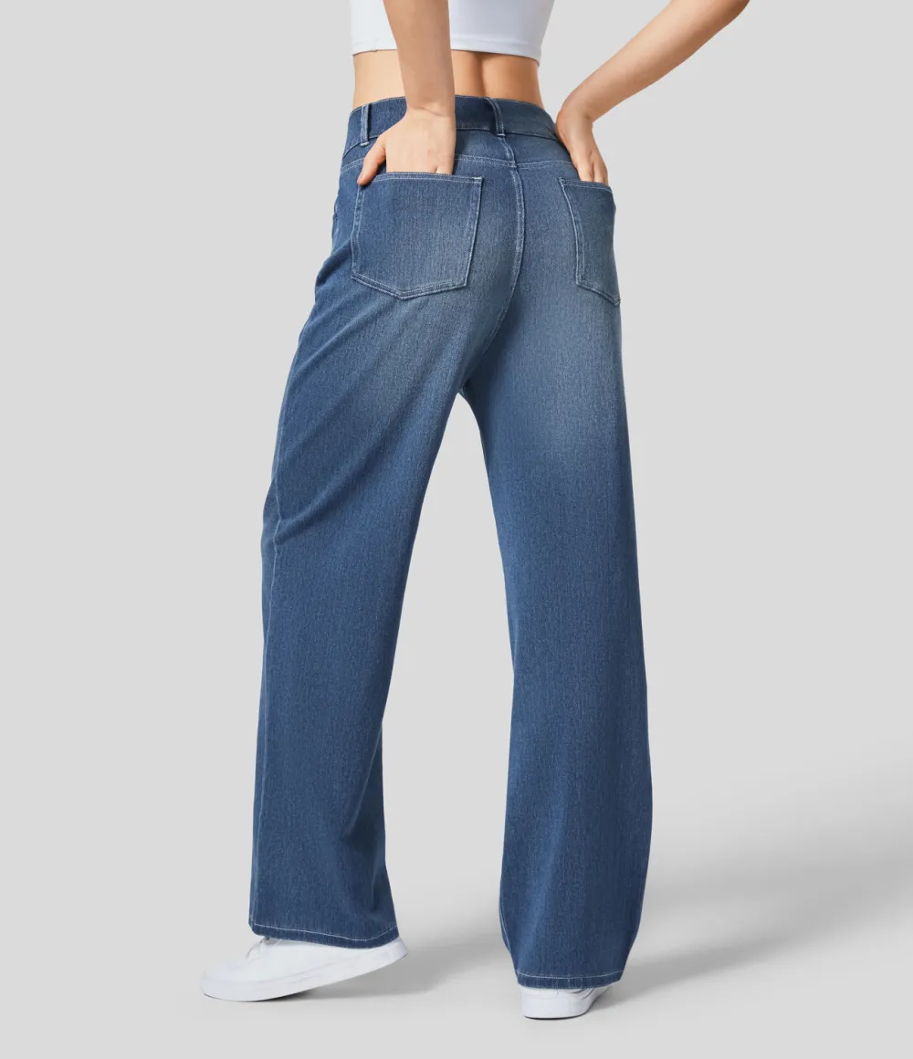 Magic High Waisted Decorative Button Multiple Pockets Straight Leg Stretchy Knit Casual Boyfriend Jeans