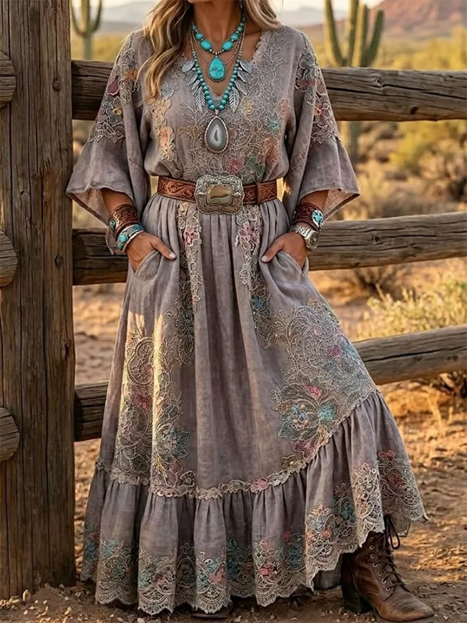 Women's Vintage Art Print Casual Loose V-Neck Dress