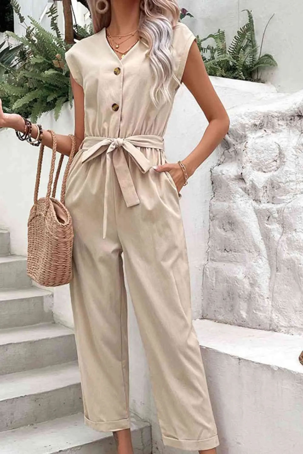 Capped Sleeve Belted V Neck Jumpsuit