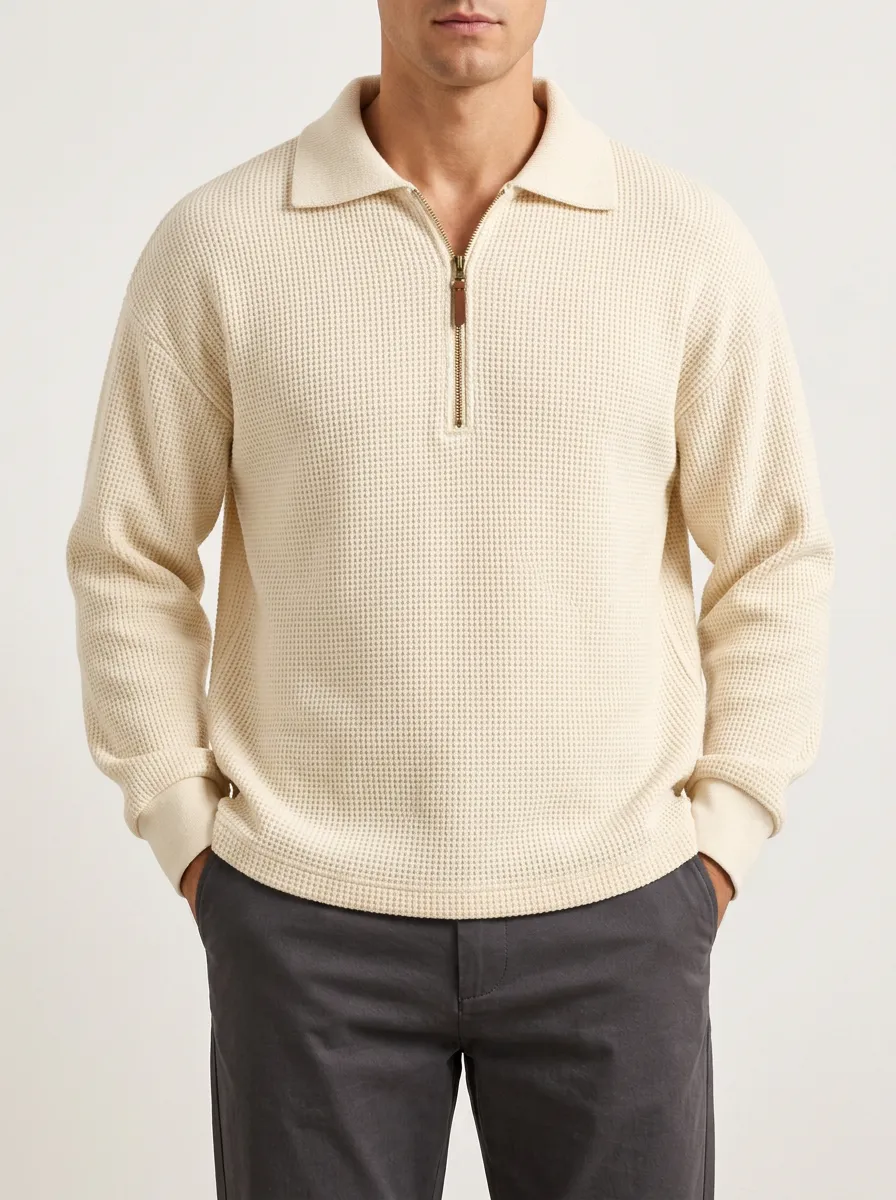 Clean Casual Pullover with Waffle Knit Finish and Quarter-Zip Front