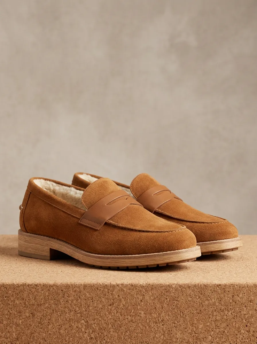 Women's Refined Faux Fur Lined Winter Suede Wood Sole Loafers