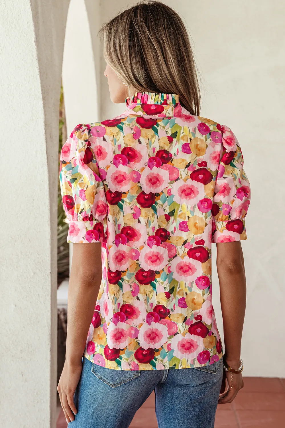 Pink Floral Frilled V Neck Blouse