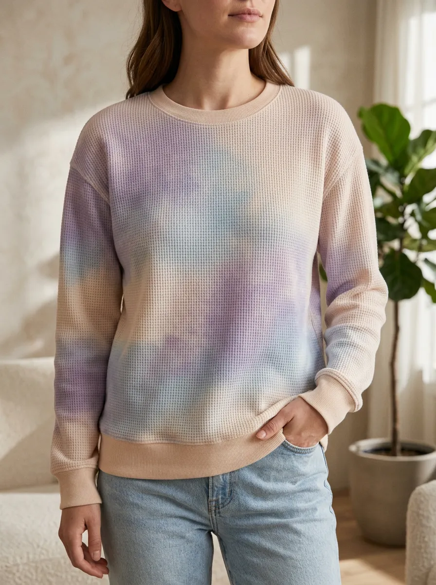 Women's Tie Dye Pastel Graphic Waffle Knit Crewneck Sweatshirt