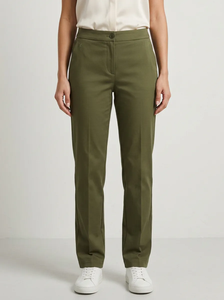 Women's Casual Olive Green Mid-Rise Straight Leg Trousers