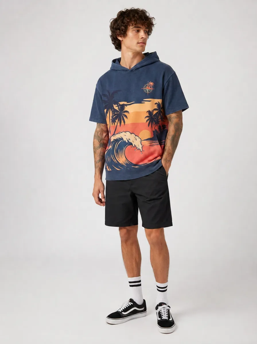 Men's Tropical Beach Sunset Wave Compass Printed Hoodie T-shirt