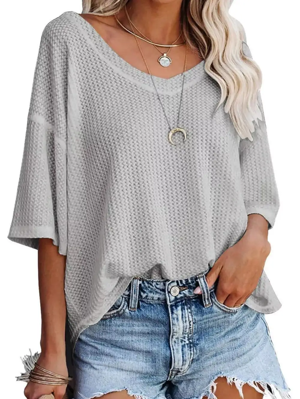 Relaxed V-Neck Short-Sleeve Knit T-Shirt