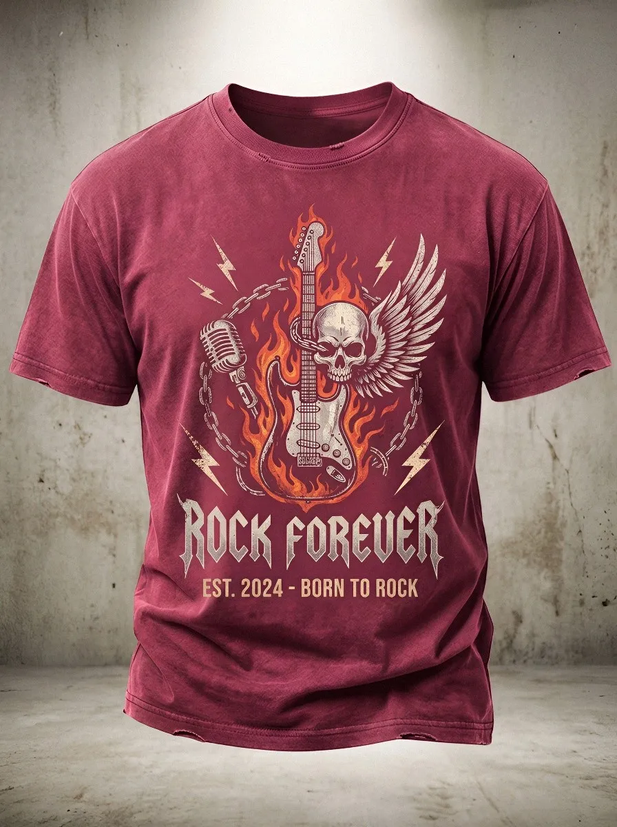 Men's Rock Music Lover Skull Guitar Fire Printed T-shirt