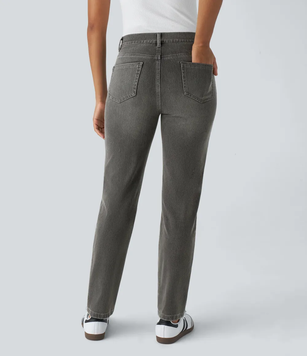 Magic High Waisted Multiple Pockets Straight Leg Washed Stretchy Knit Casual Jeans