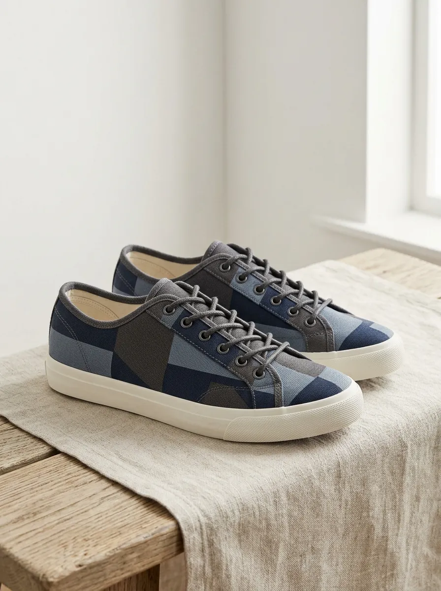 Men's Blue Grey Geometric Patchwork Printed Canvas Shoes