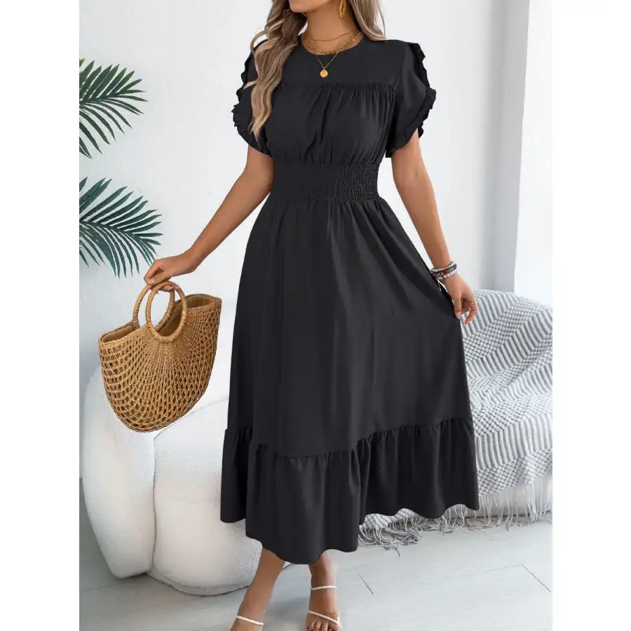 Smocked Frill Round Neck Midi Dress
