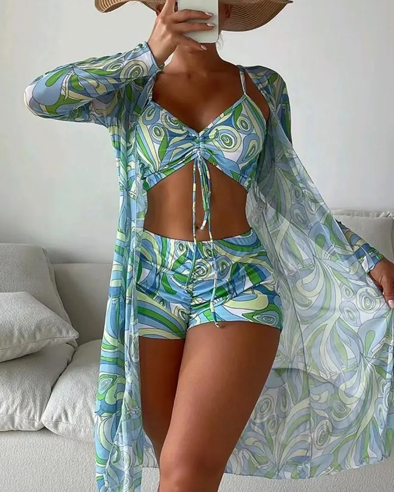 3PCS Abstract Print Drawstring Bikini Set With Cover Up