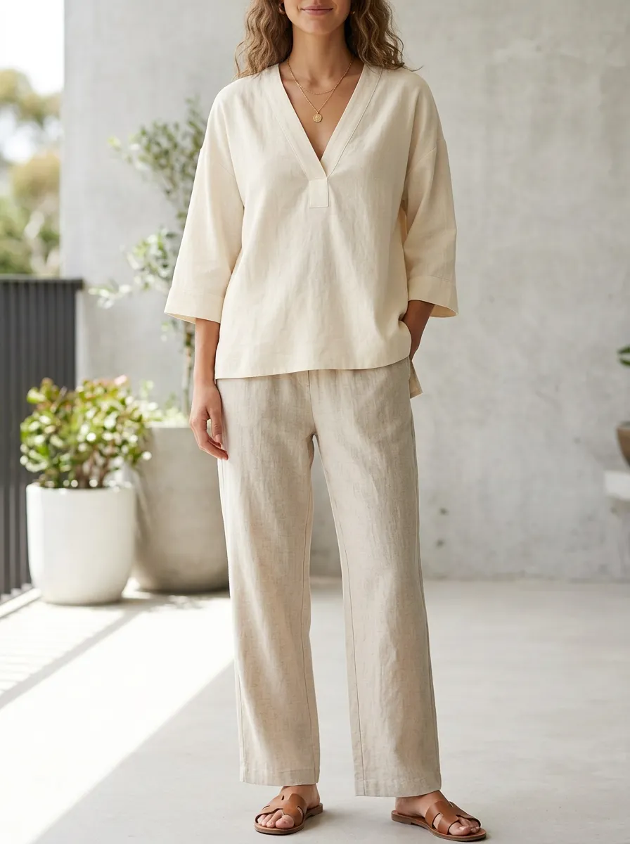 Three-Quarter-Sleeve Women's V-Neck Casual Lounge Set