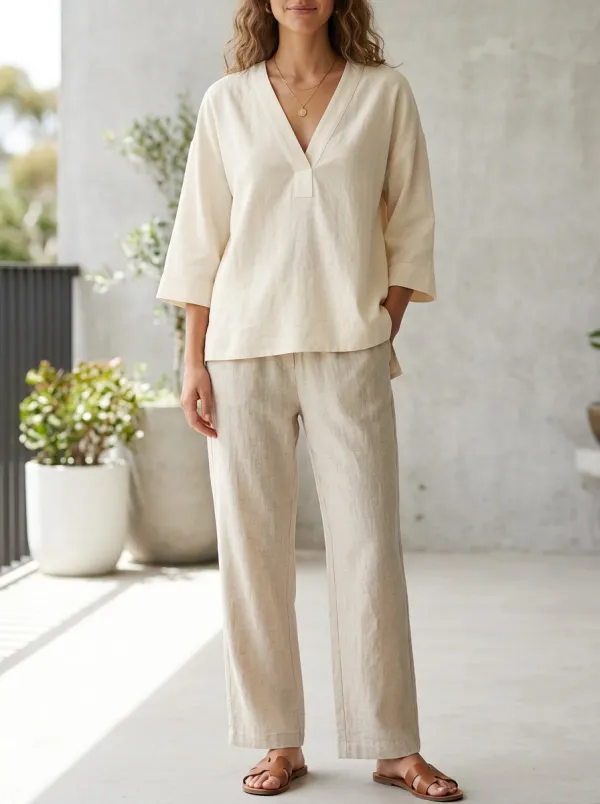 Three-Quarter-Sleeve Women's V-Neck Casual Lounge Set