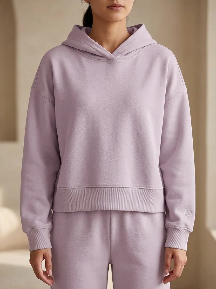 Women's Minimalist Solid Beige Embroidered Logo Hoodie