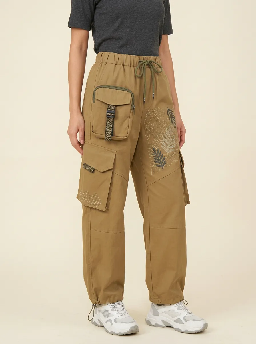 Women's Olive Green Outdoor Nature Leaf Cargo Pants