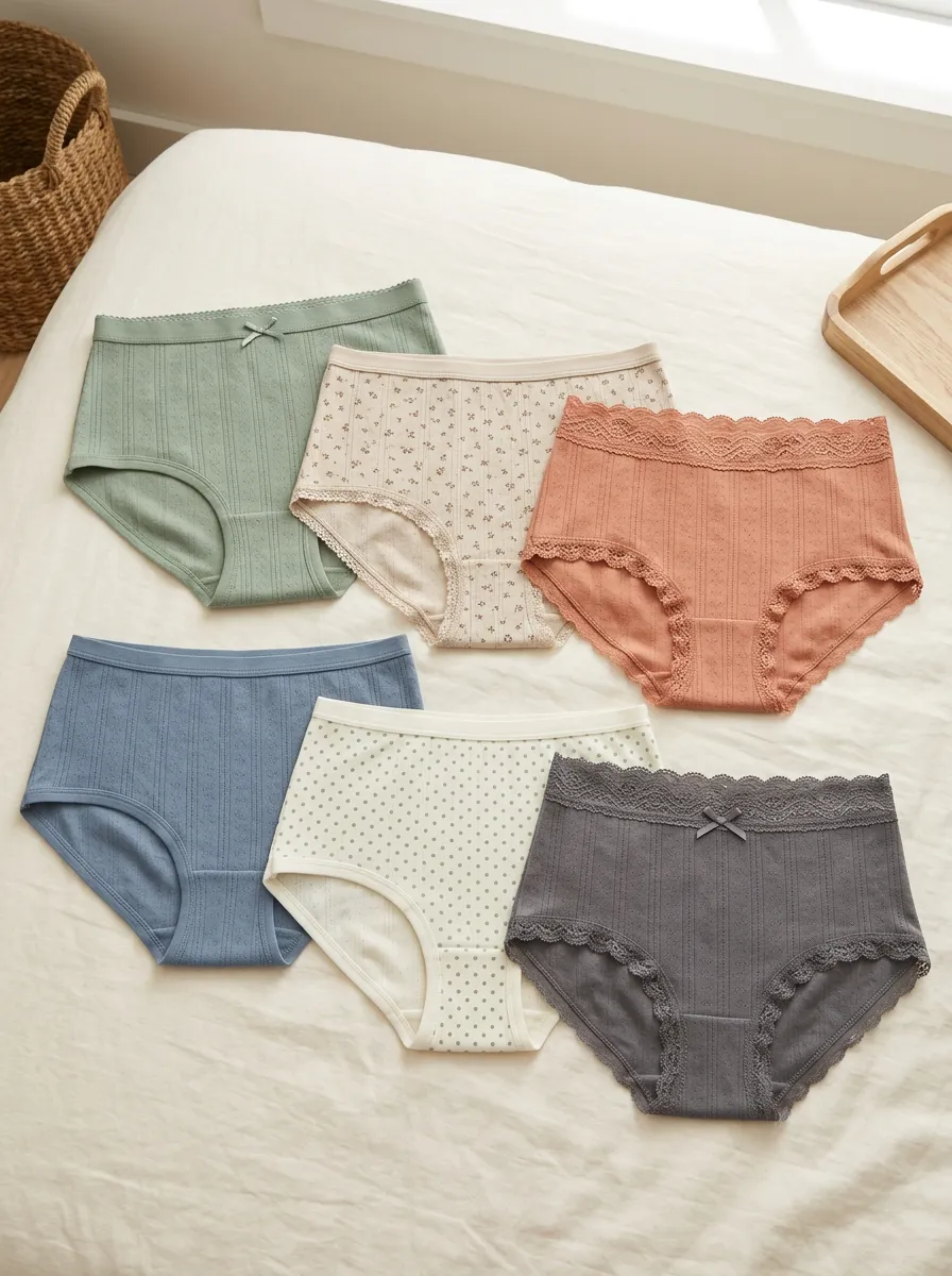 Women's Floral Polka Dot Lace Trim Ribbed Printed Panties Set
