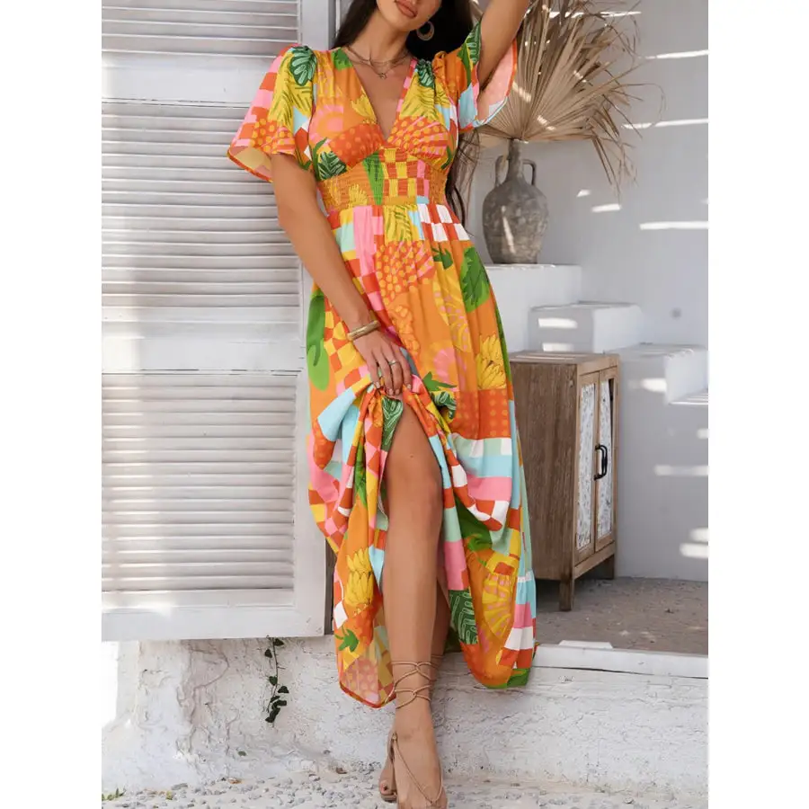 Smocked Printed V Neck Short Sleeve Maxi Dress