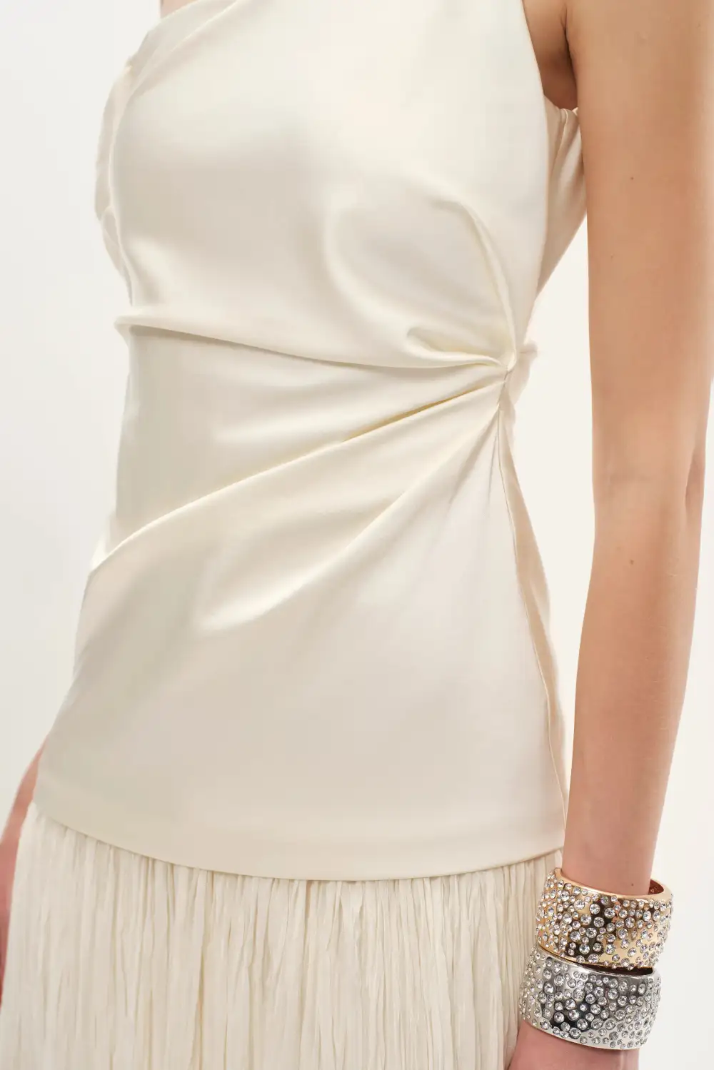 One Shoulder Pleated Ruched Silk Maxi Dress