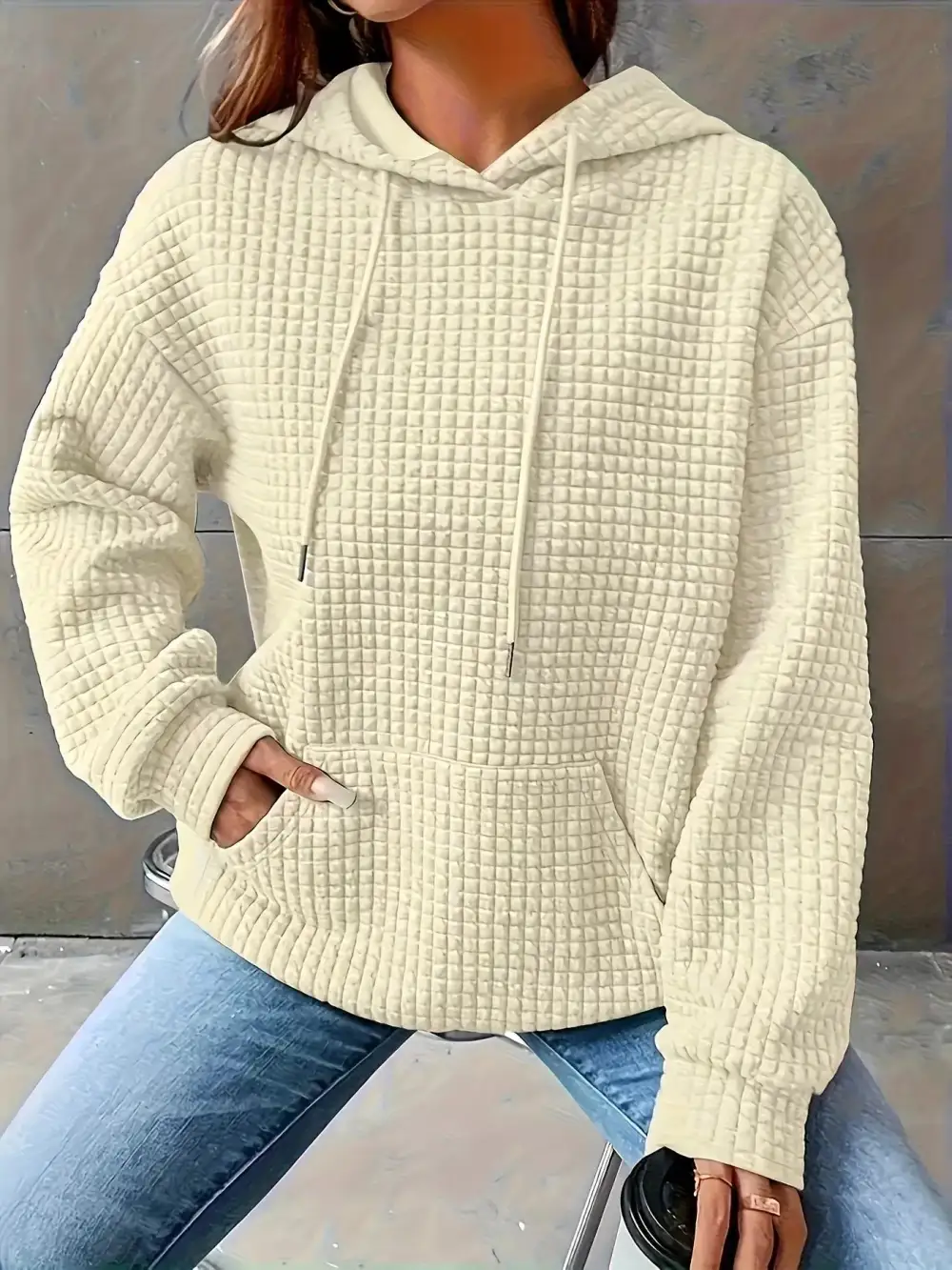 Drawstring Pocketed Textured Knit Hoodie