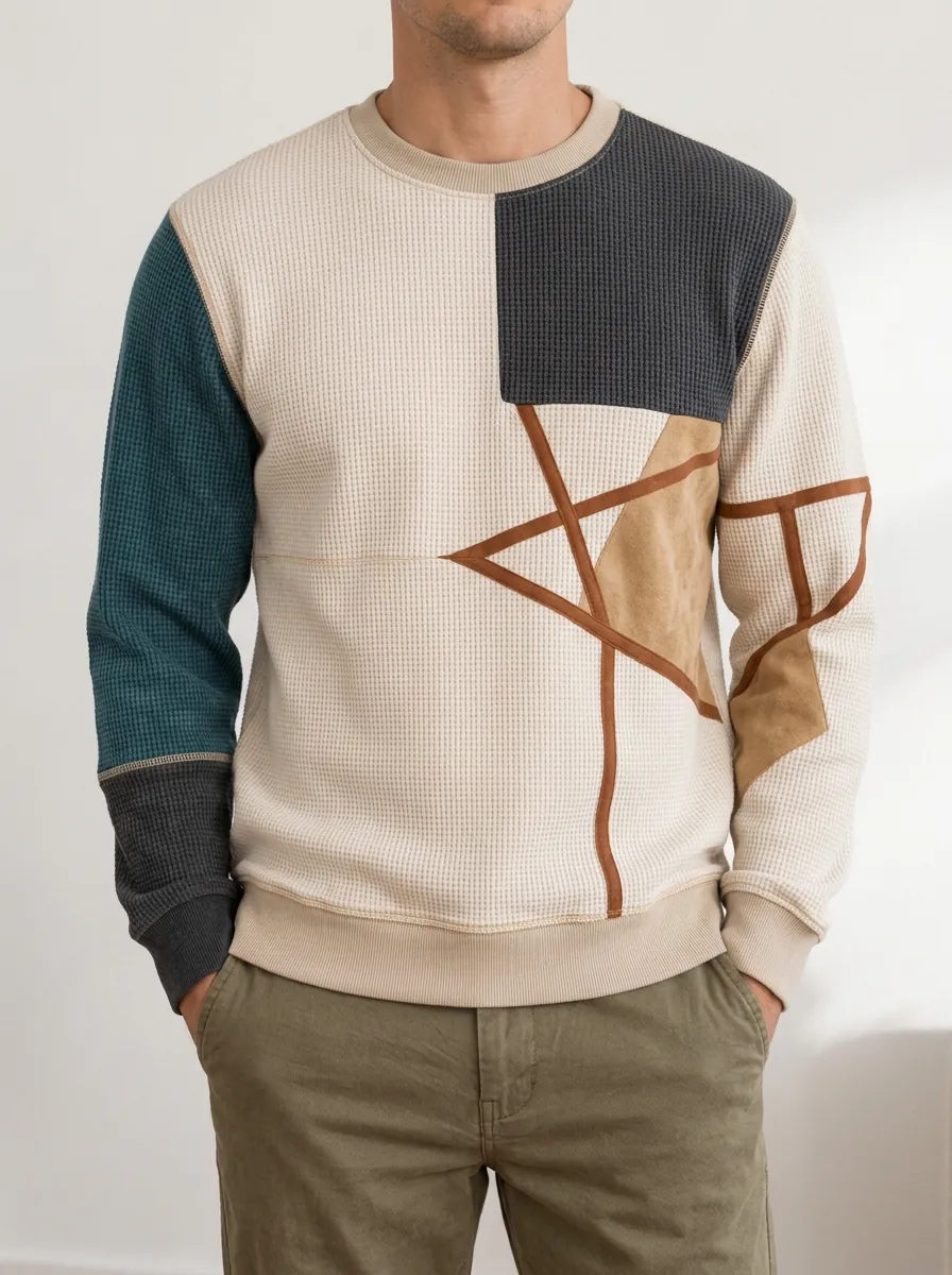 Men's Multicolor Geometric Patchwork Crewneck Waffle Knit Sweatshirt