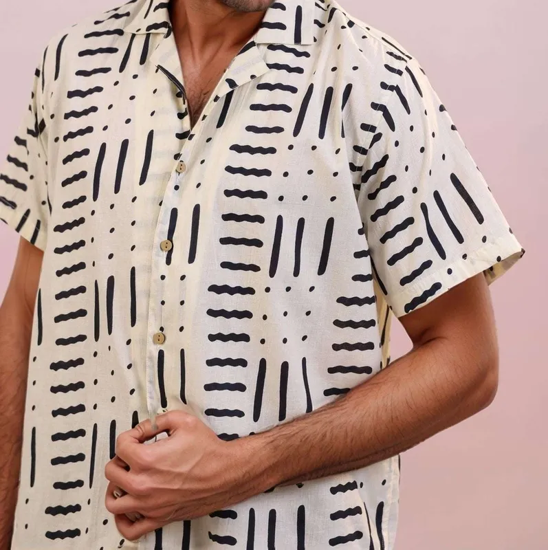 White Abstract Mulmul Cotton Camp Collar Shirt