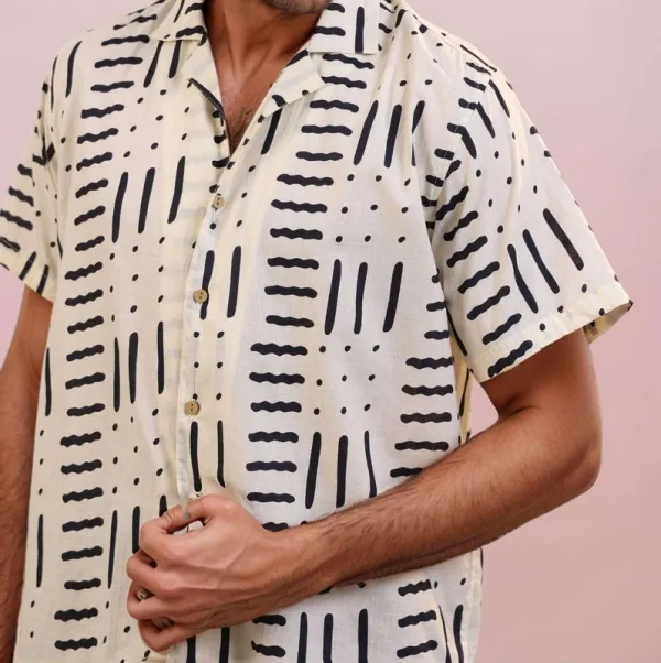 White Abstract Mulmul Cotton Camp Collar Shirt