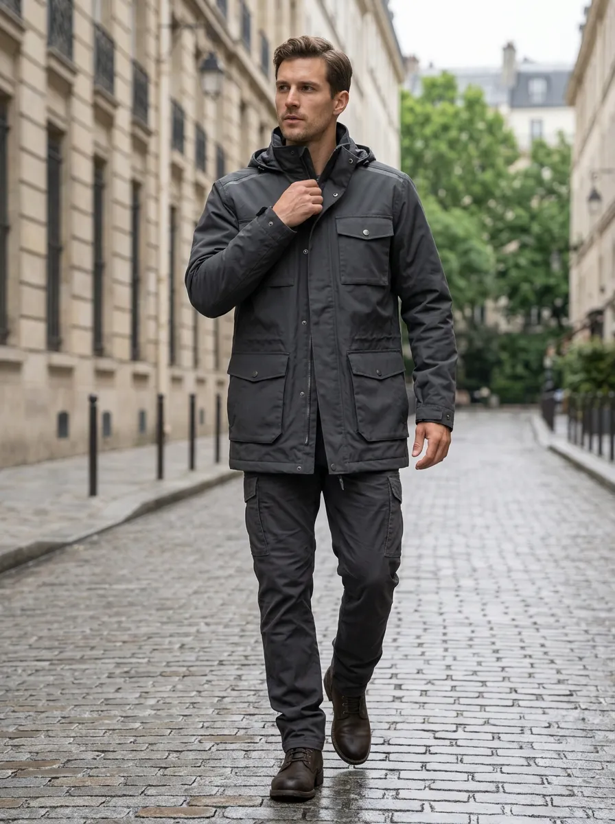 Men's Hooded Waterproof Jacket with Adjustable Cuffs