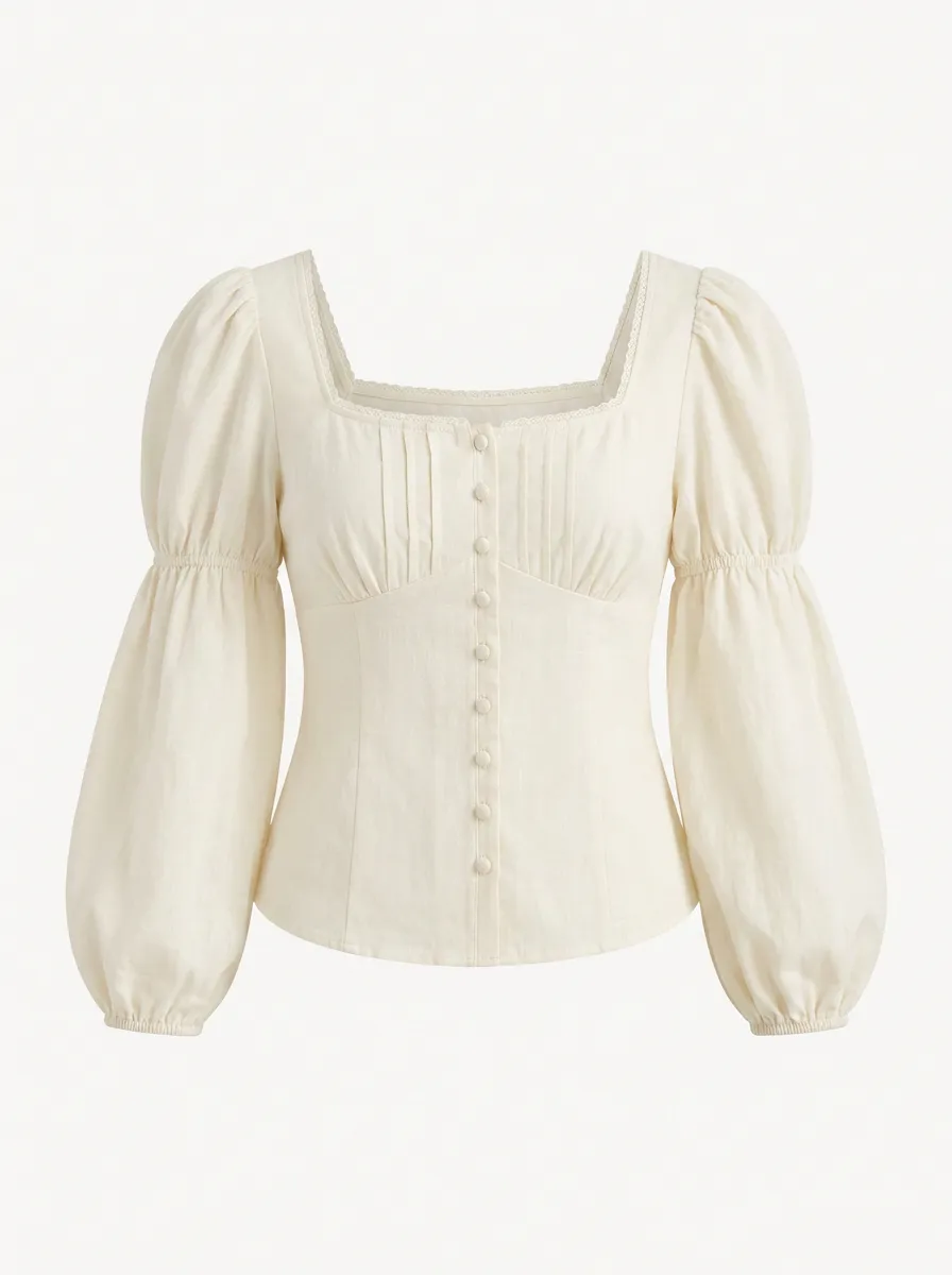 Women's Vintage Square Neck Puff Sleeve Button Down Top