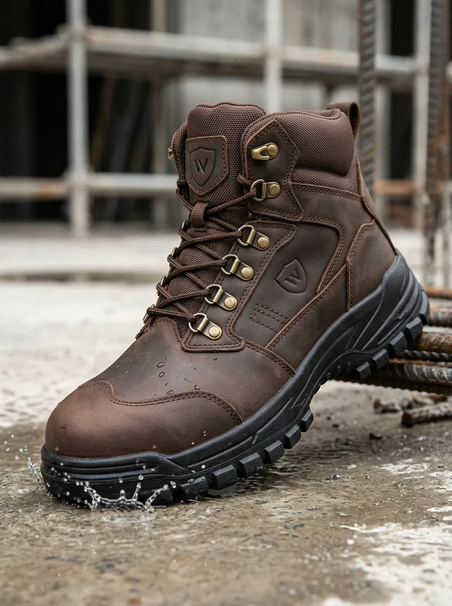Leather-Look Shield-Detail Men's Waterproof Work Boots