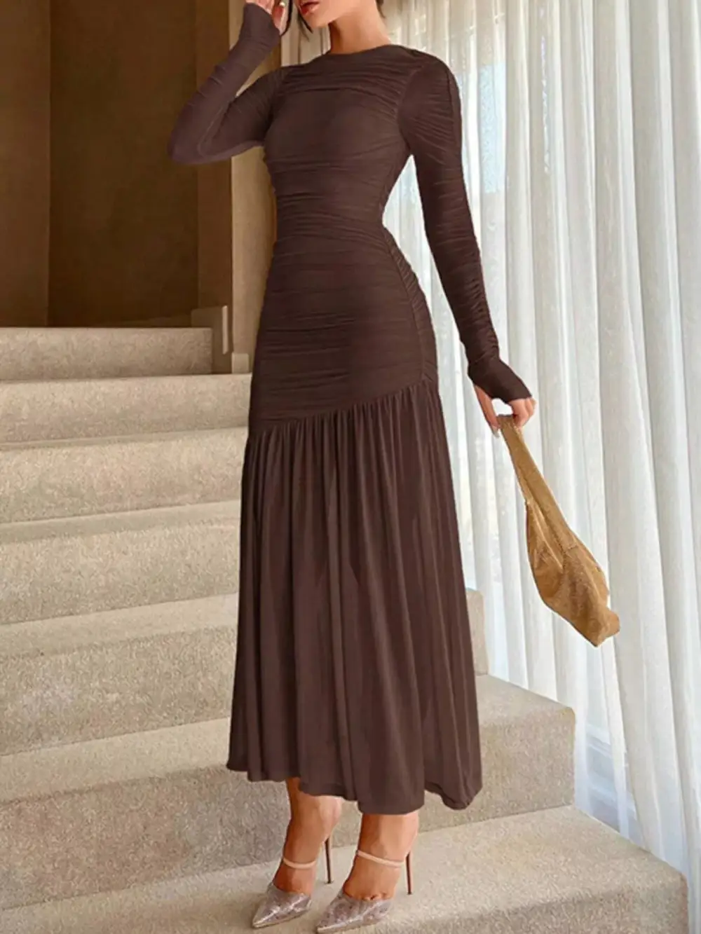 Finish Ruched Long Sleeve Midi Dress
