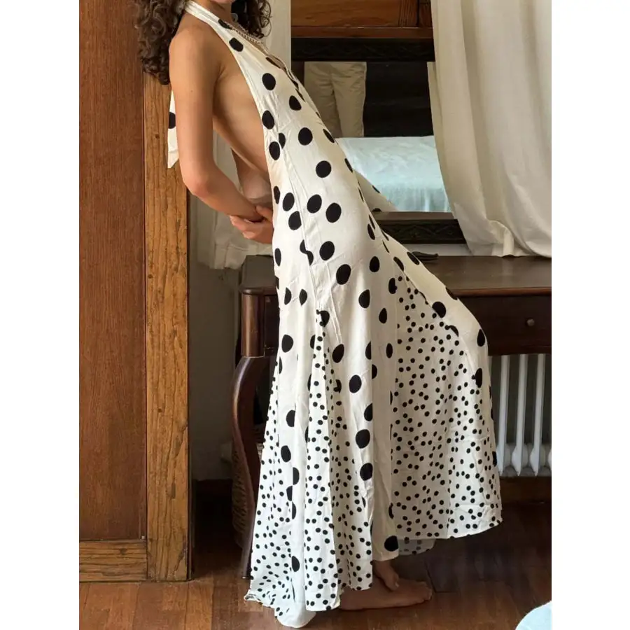 Backless Halter Neck Polka Dot Maxi Dress