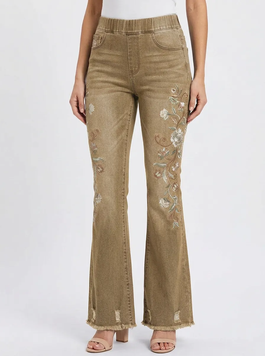 Women's Vintage Floral Embroidered Distressed Flare Jeans
