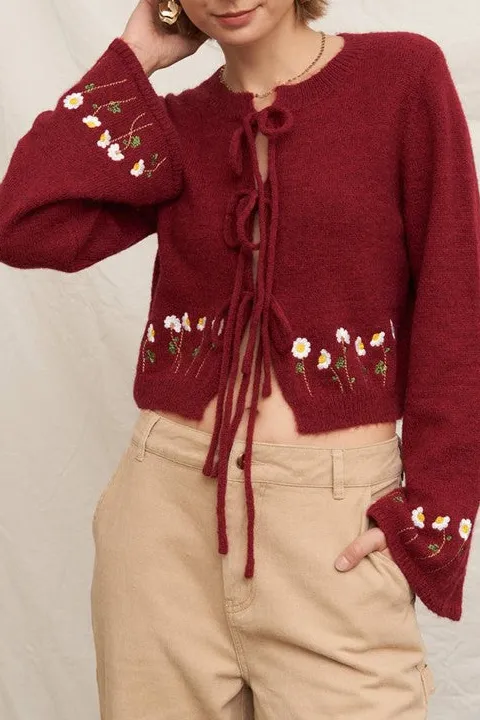 Red Tie-Front Floral Knit Cardigan