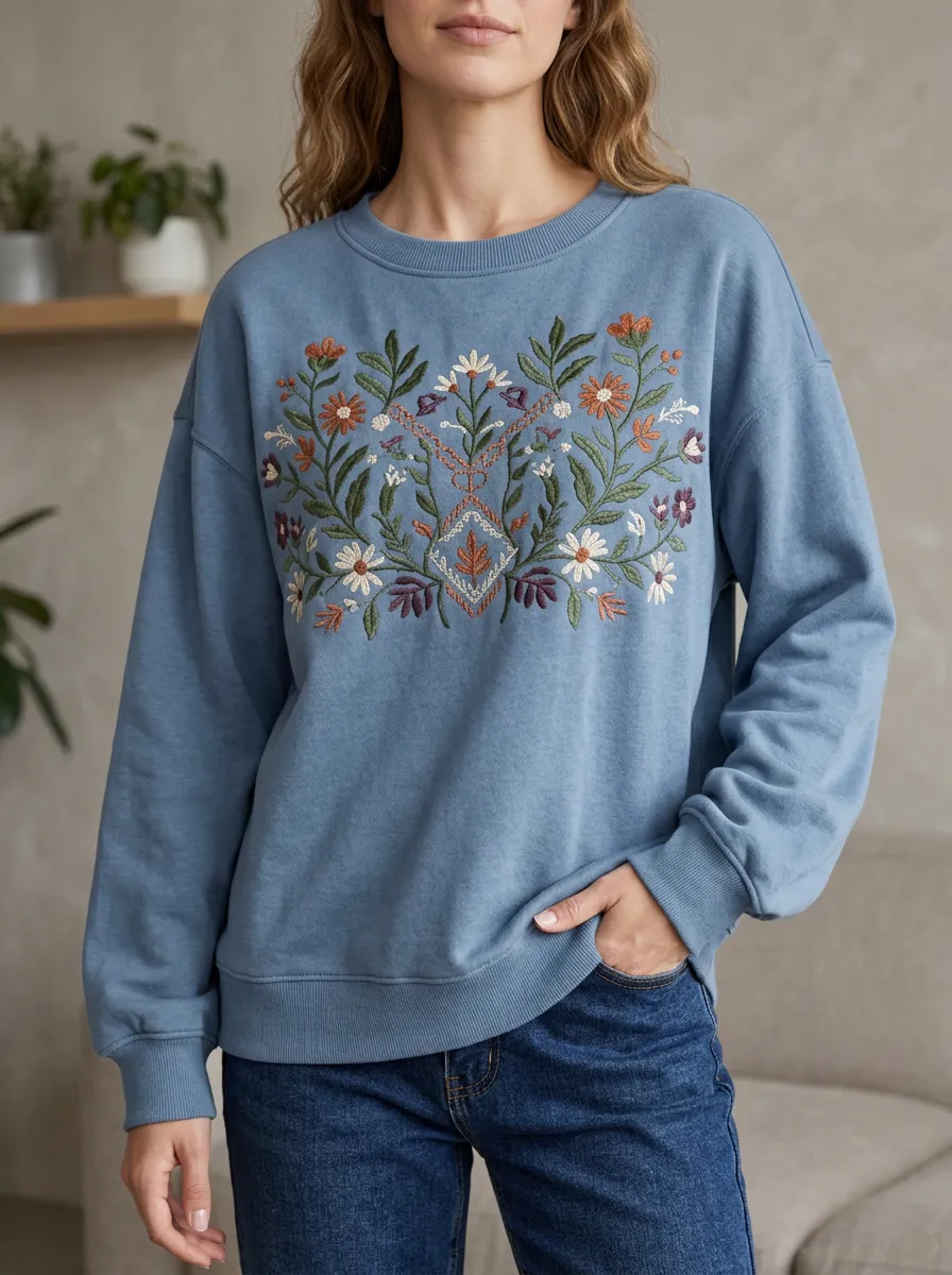 Women's Artful Botanical Floral Embroidered Graphic Crewneck Sweatshirt