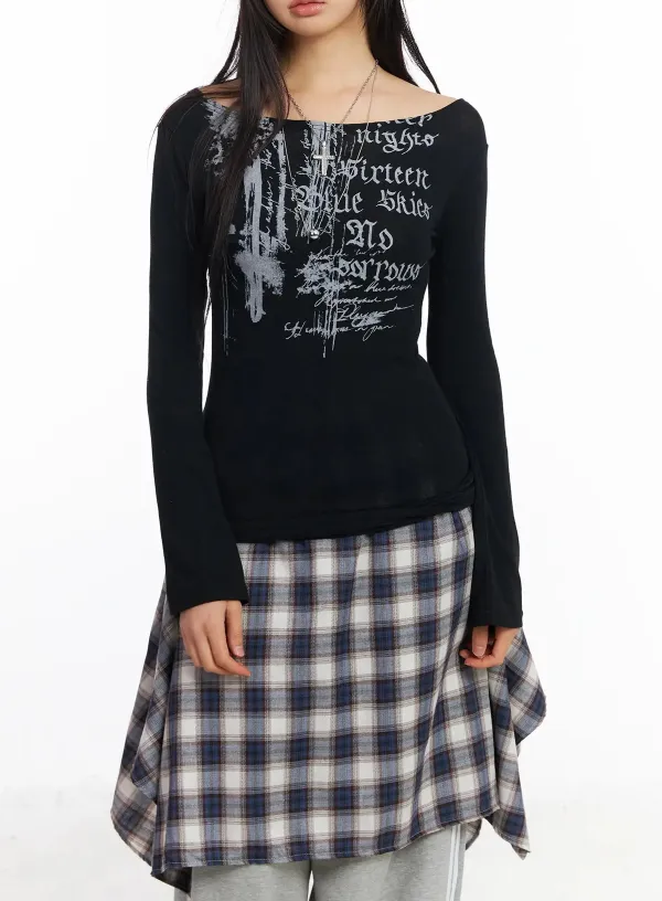 Edgy Boat Neck Graphic Long Sleeve Tee