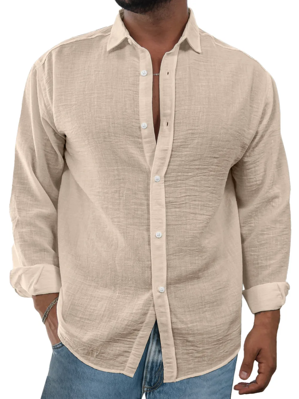 Linen Blend Open Collar Shirt