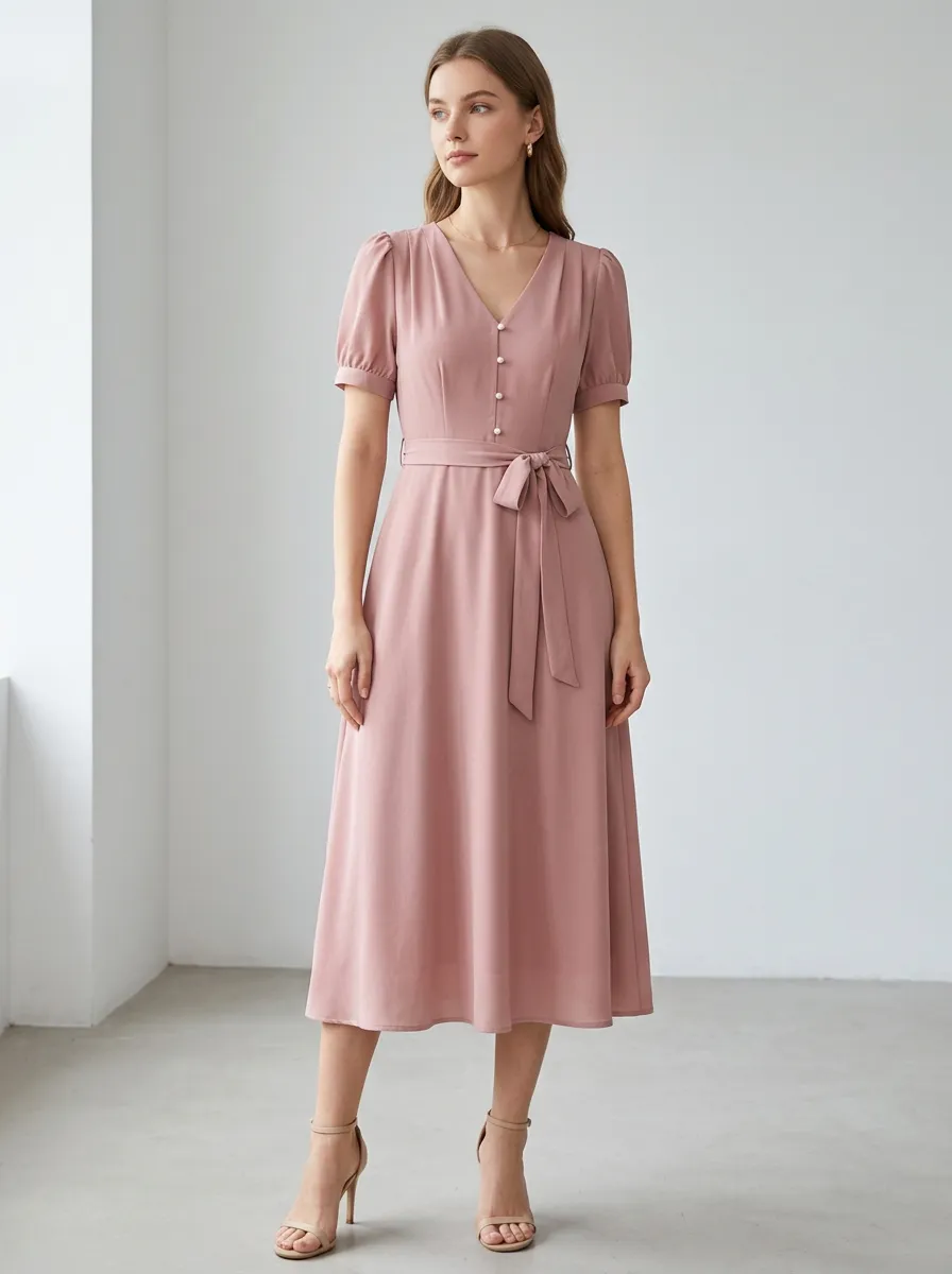 Women's V-Neck Puff Sleeve Belted Solid Pink Midi Dress