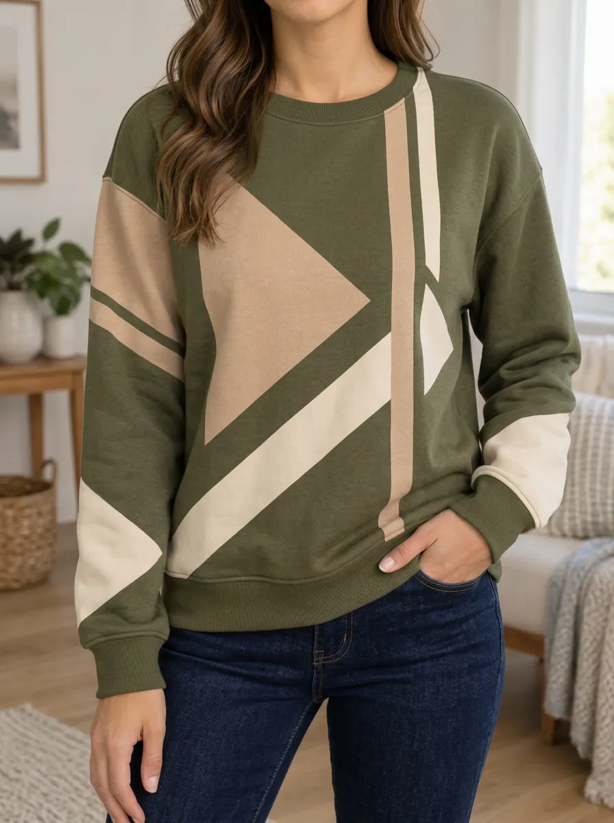 Women's Olive Geometric Colorblock Crewneck Sweatshirt