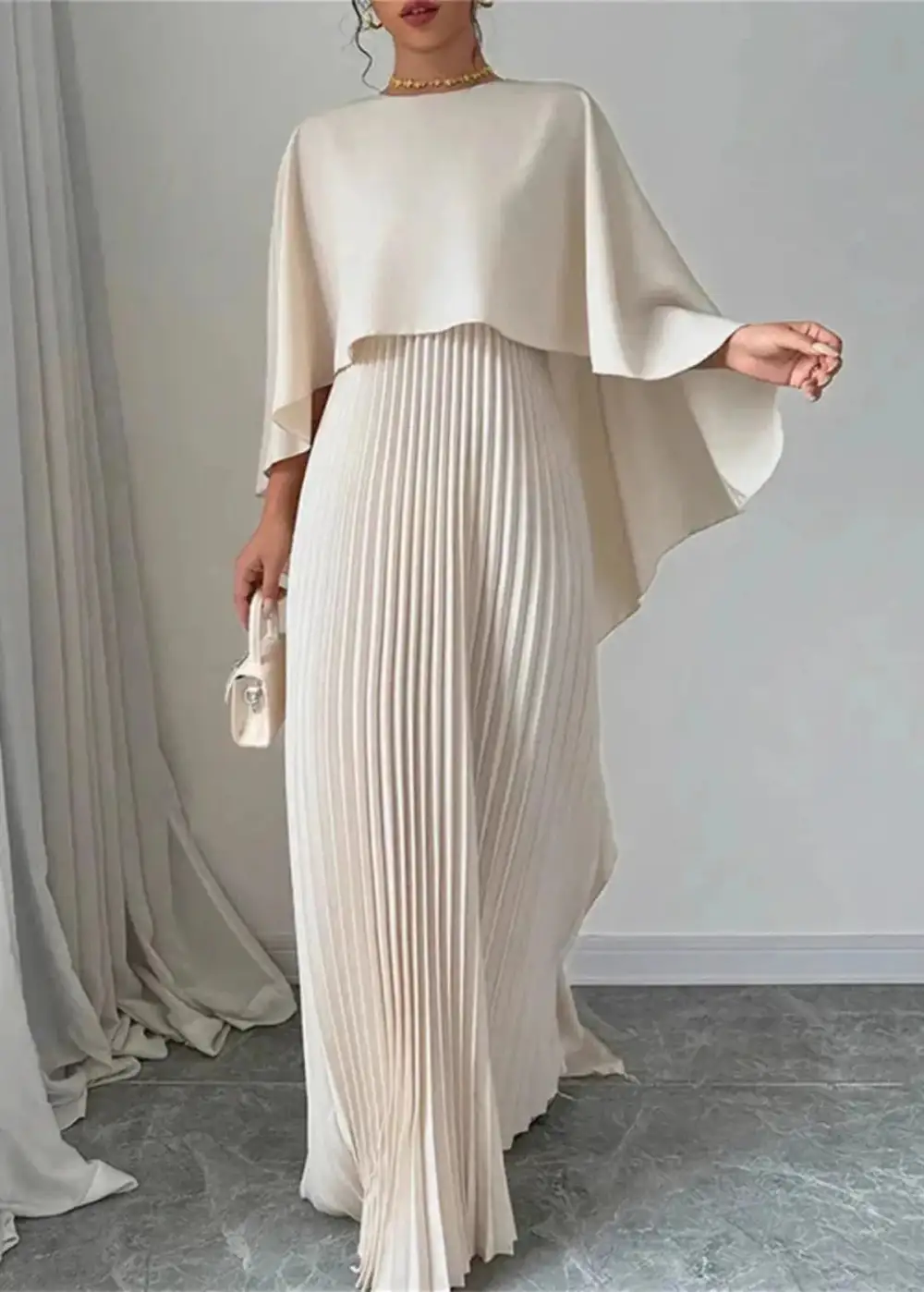  Pleated Maxi Dress Cape