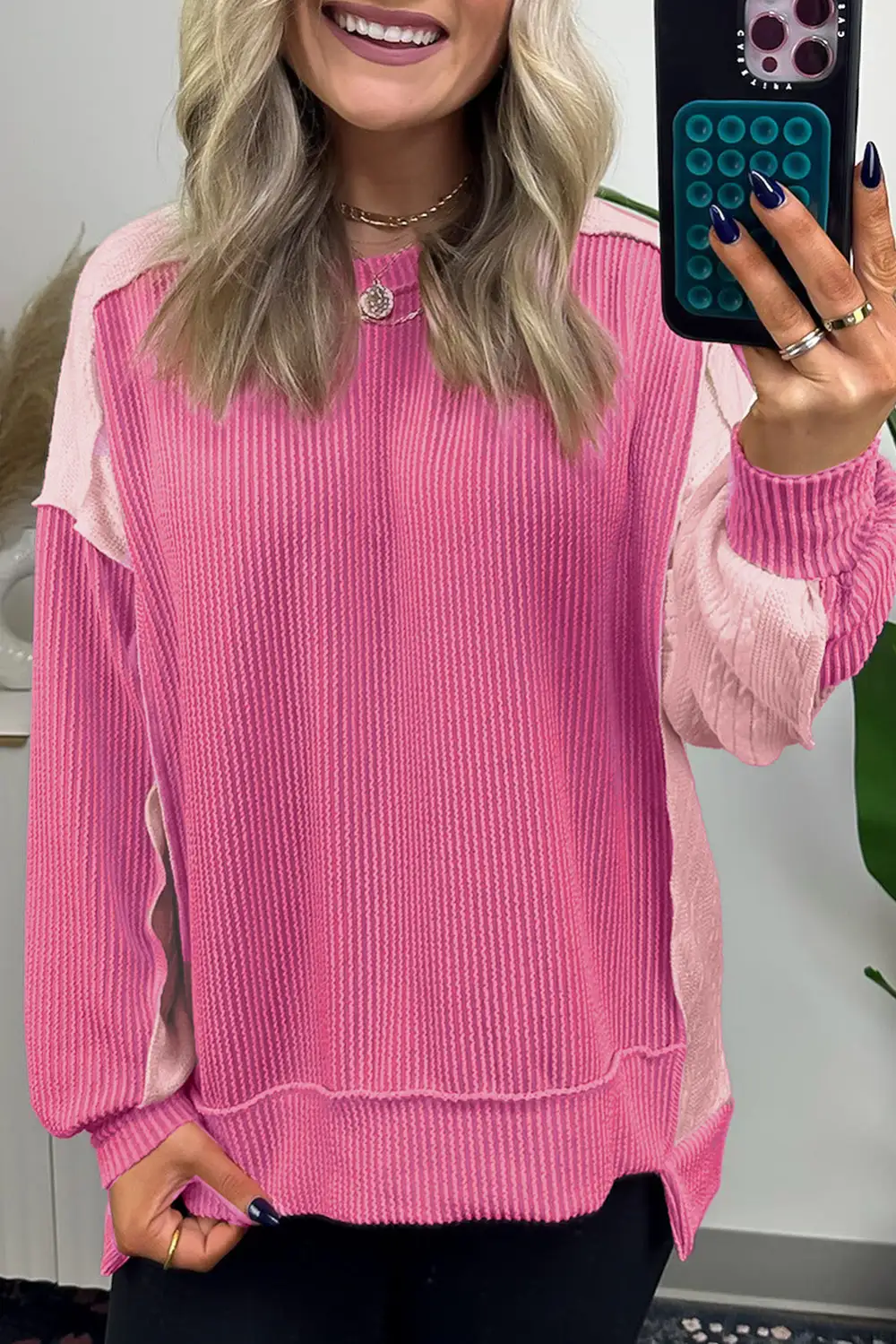 Cable Knit Color Block Exposed Seam Sweatshirt