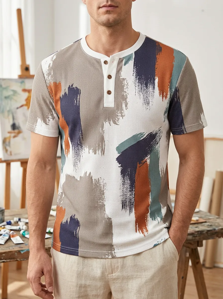 Men's Everyday Abstract Brushstroke Waffle Knit Scenery Henley T-Shirt