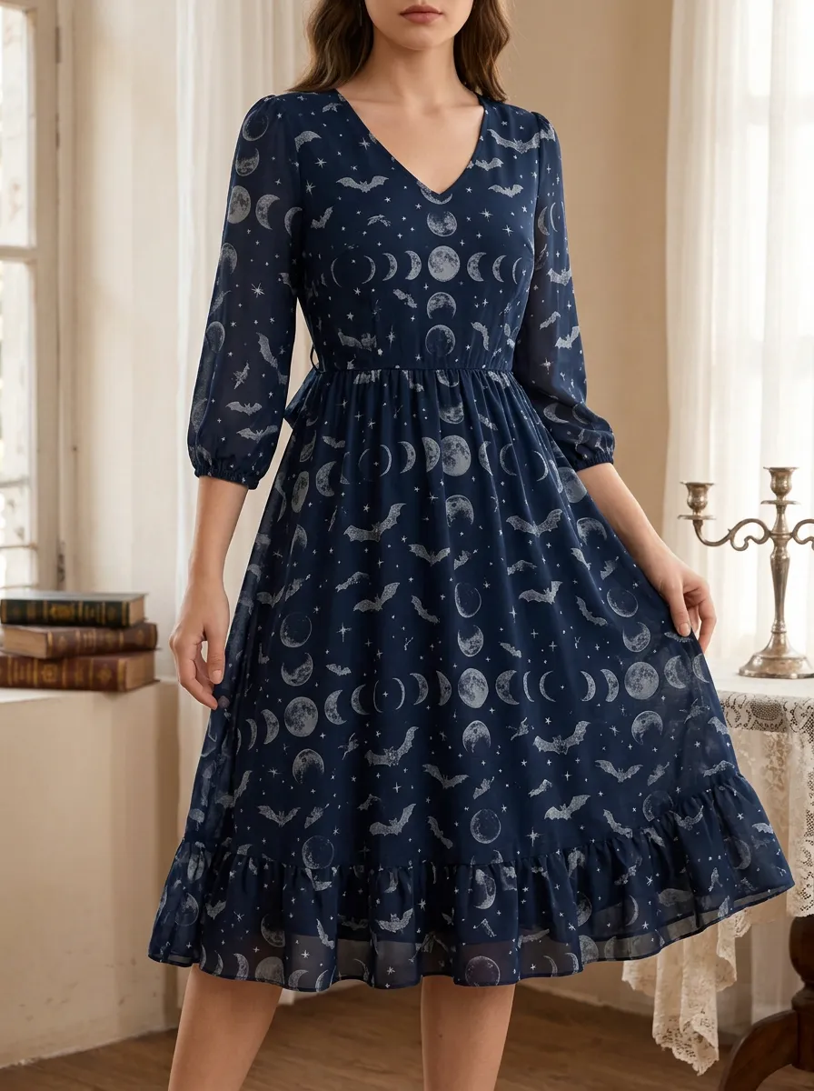Women's Halloween Moon Bat Celestial Printed Dress
