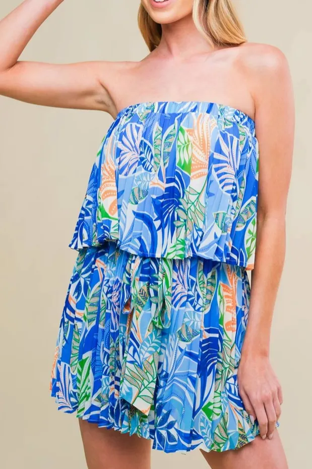Blue Tropical Print Tiered Strapless Romper