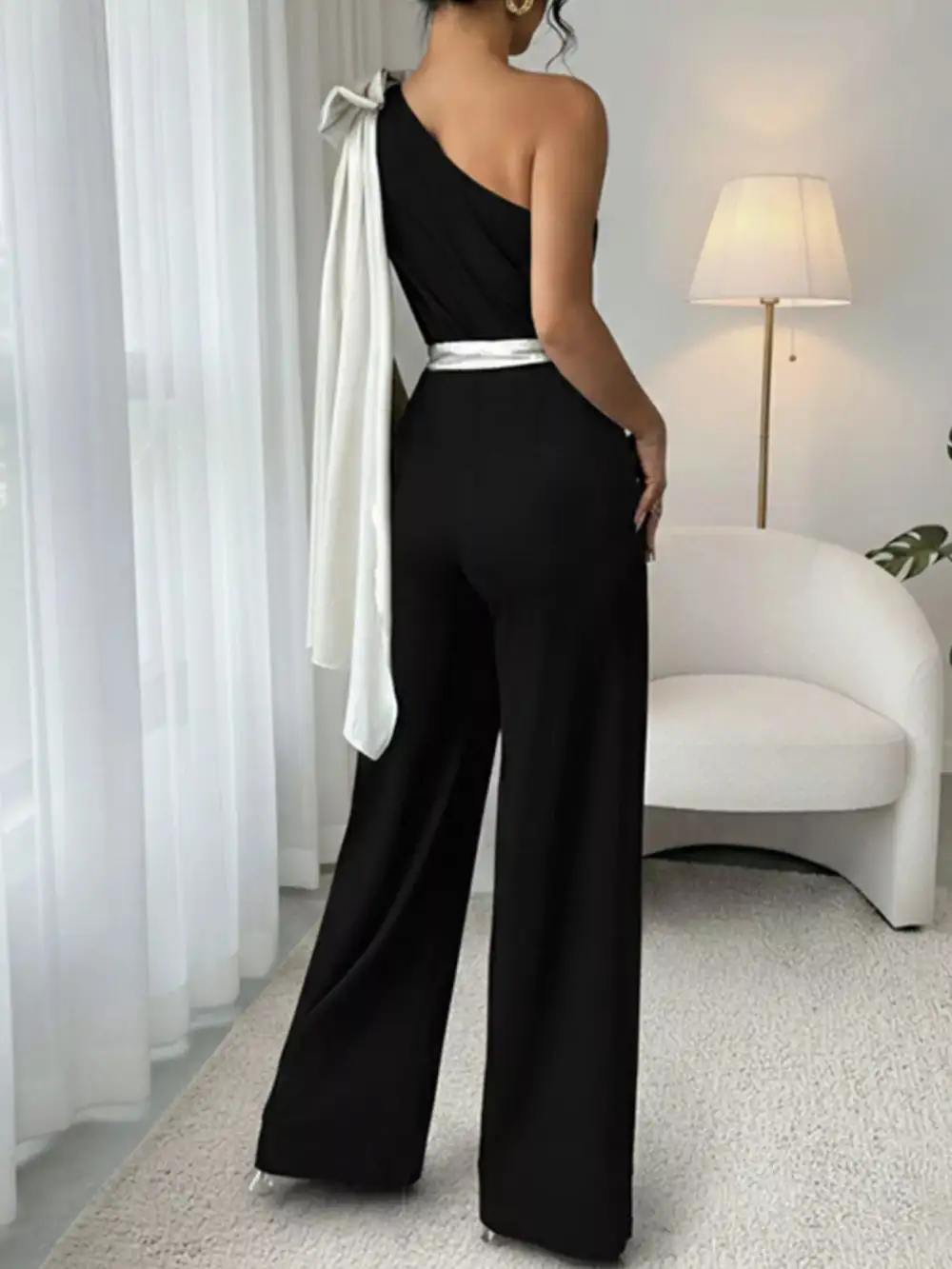 One Shoulder Bowknot Wide Leg Jumpsuit