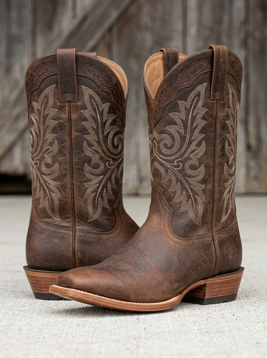 Unisex Western Brown Distressed Leather Cowboy Boots