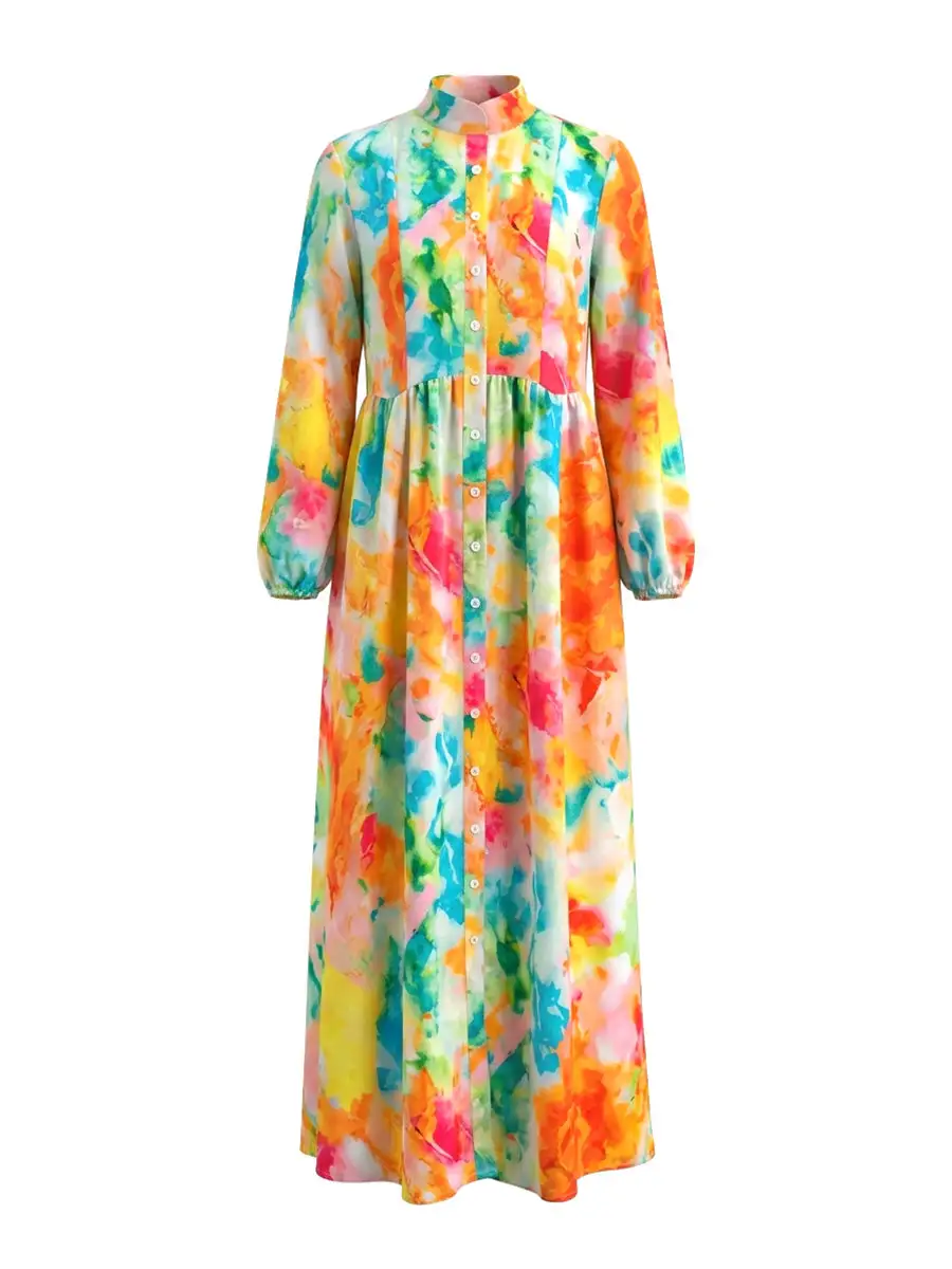 Sleeves Pleated Printed Buttoned Long Shirt Maxi Dress