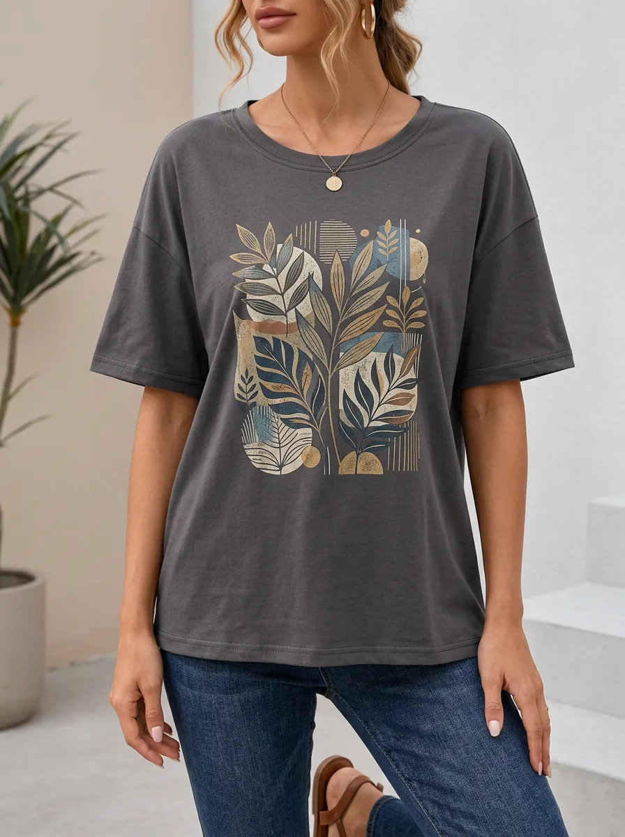 Women's Abstract Botanical Leaves Printed T-Shirt