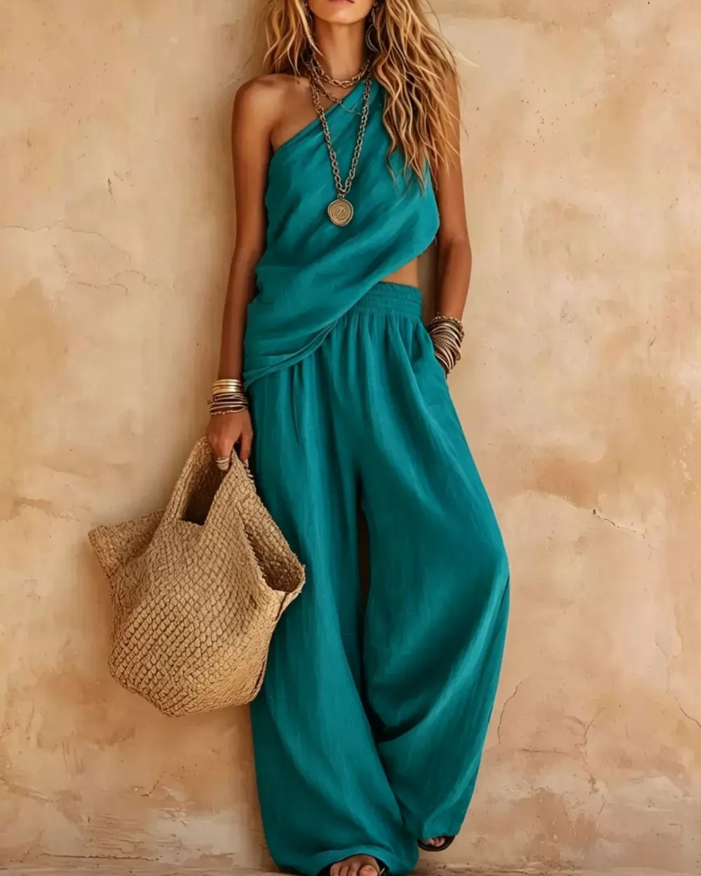 Casual One-Shoulder Ruched Set